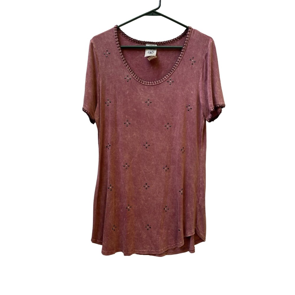 Vocal stonewashed rust colored long shirt rhinestone pattern size Large‎